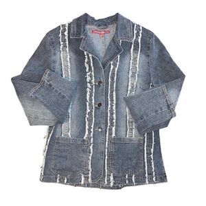 Vintage Y2K Jennyfer J Sz Large Western Gray White Fringe Seam Denim Jacket Boho